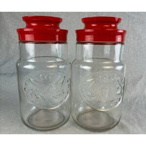 2 Vtg Maxwell House Coffee Glass Jar Anchor Hocking Canisters Red Lid 1776 Flag